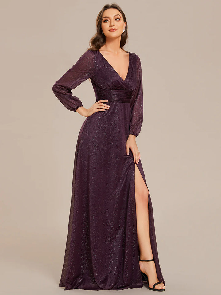 Long Sleeve V-Neck Thigh Slit Bridesmaid Dress - CALABRO®