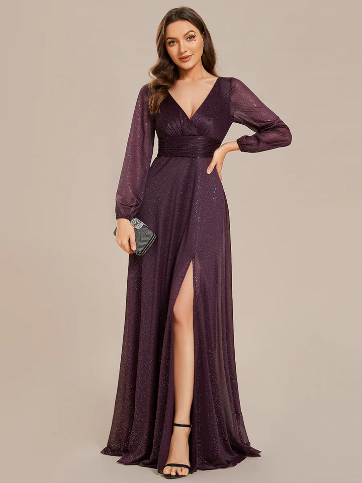 Long Sleeve V-Neck Thigh Slit Bridesmaid Dress - CALABRO®