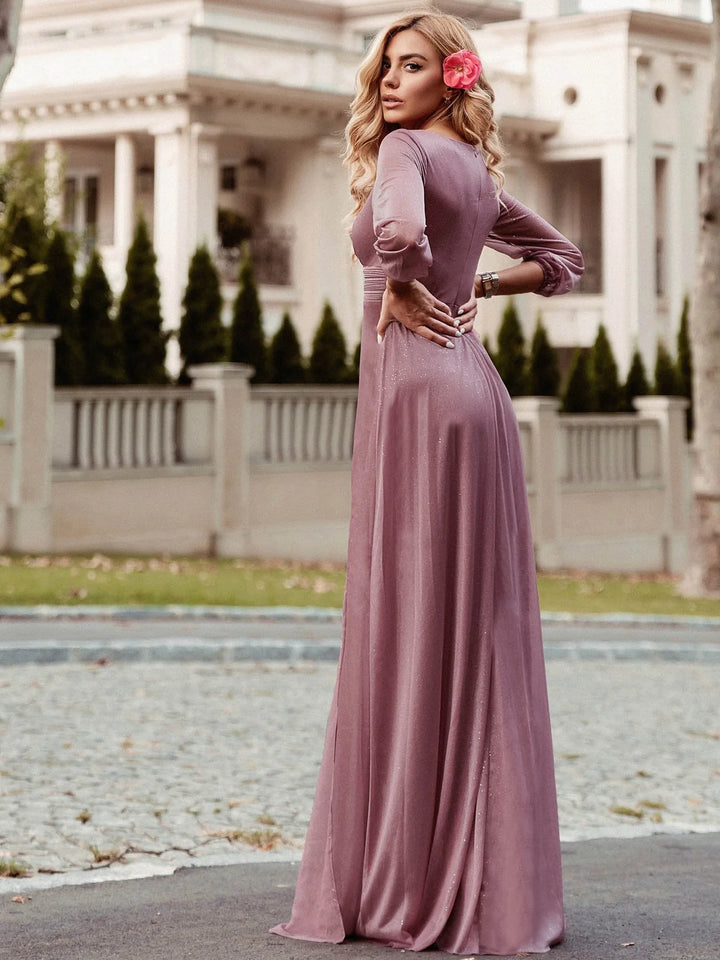 Sexy V-Neck Shiny Evening Dresses With Long Sleeve