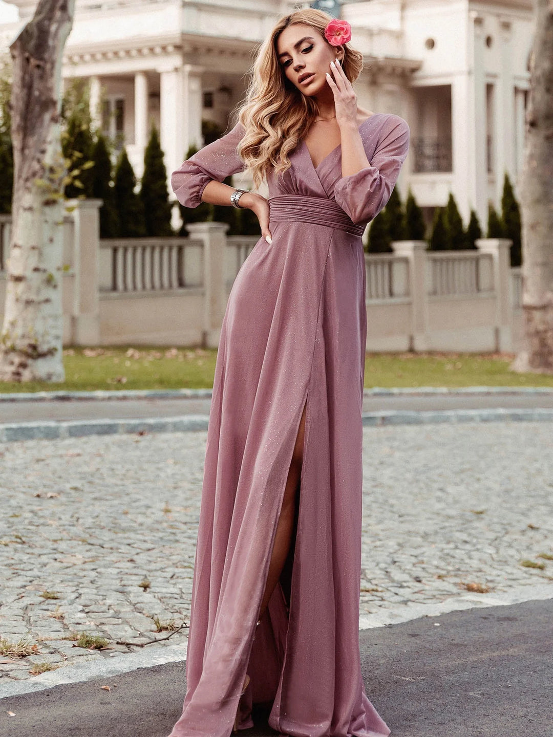 Sexy V-Neck Shiny Evening Dresses With Long Sleeve