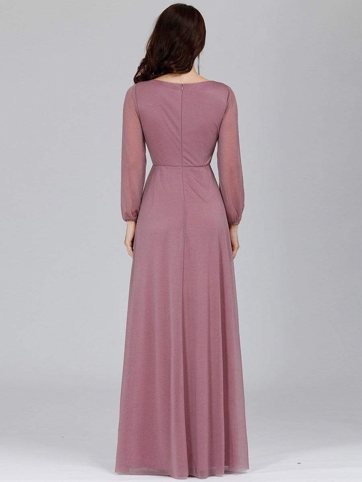 Sexy V-Neck Shiny Evening Dresses With Long Sleeve