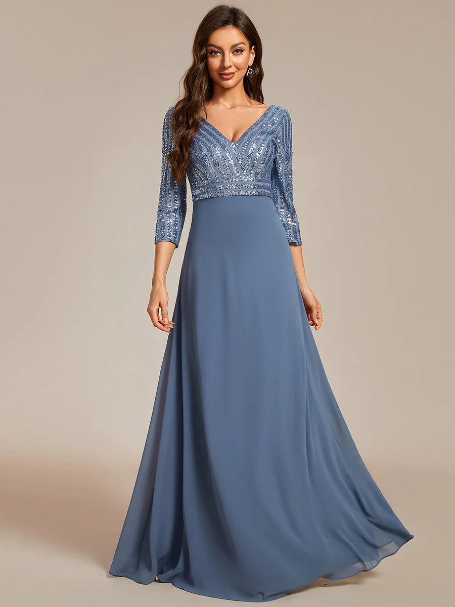 Sexy V Neck A-Line Sequin Bridesmaid Dresses With 3/4 Sleeve - CALABRO®