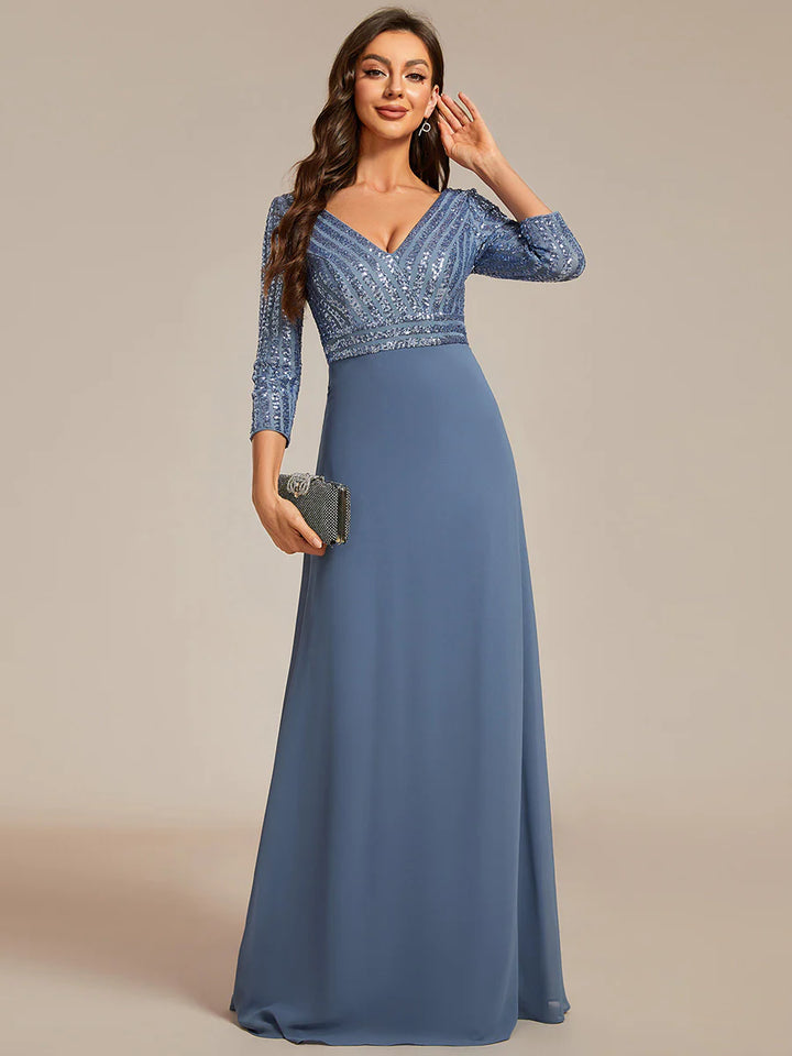 Sexy V Neck A-Line Sequin Bridesmaid Dresses With 3/4 Sleeve - CALABRO®