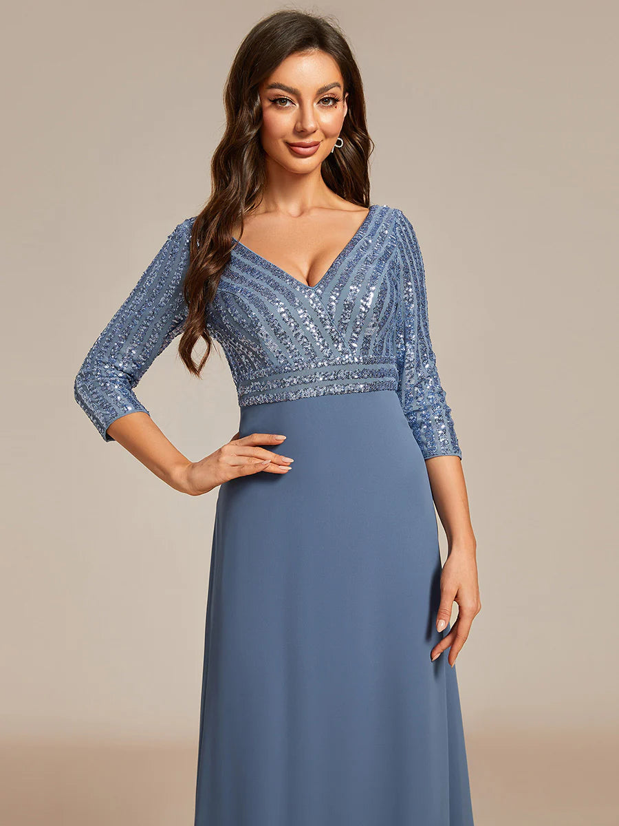 Sexy V Neck A-Line Sequin Bridesmaid Dresses With 3/4 Sleeve - CALABRO®