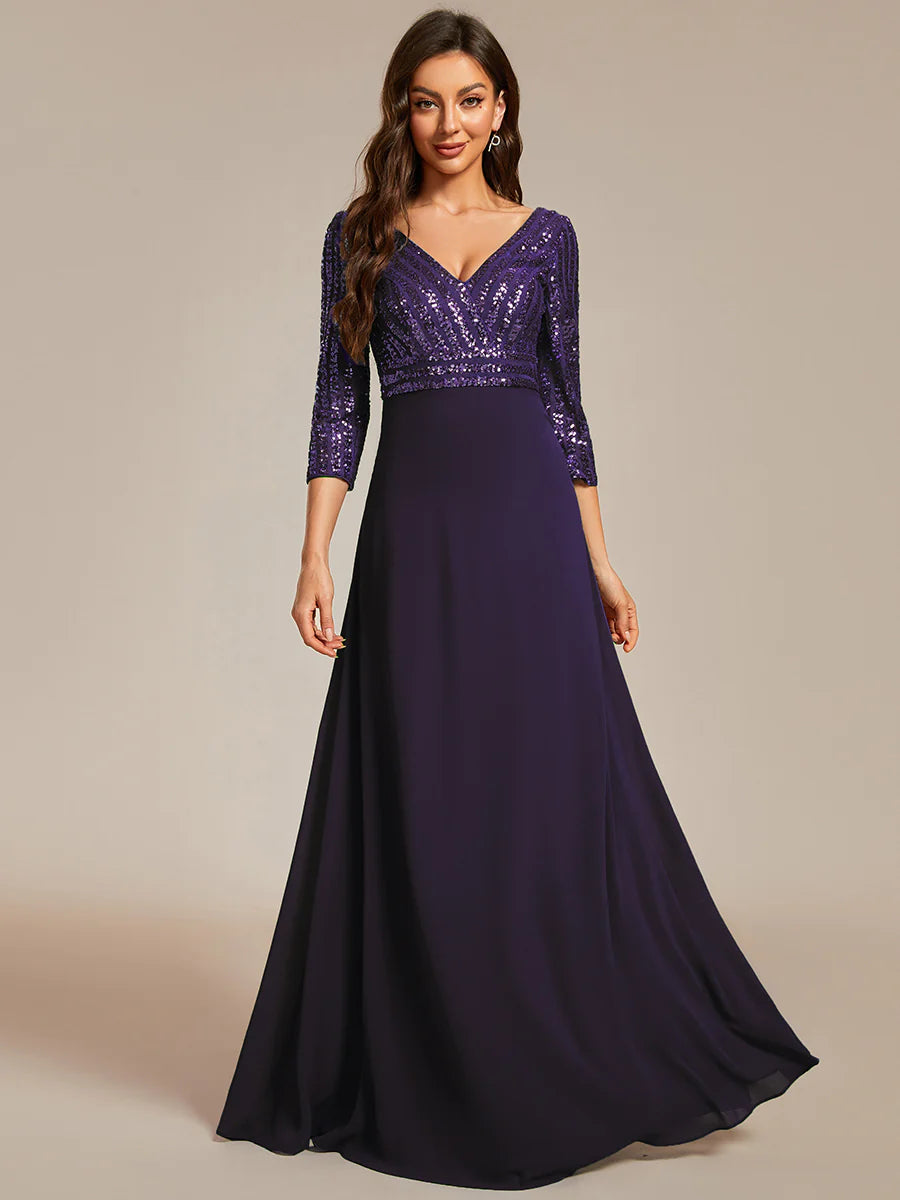 Sexy V Neck A-Line Sequin Bridesmaid Dresses With 3/4 Sleeve - CALABRO®