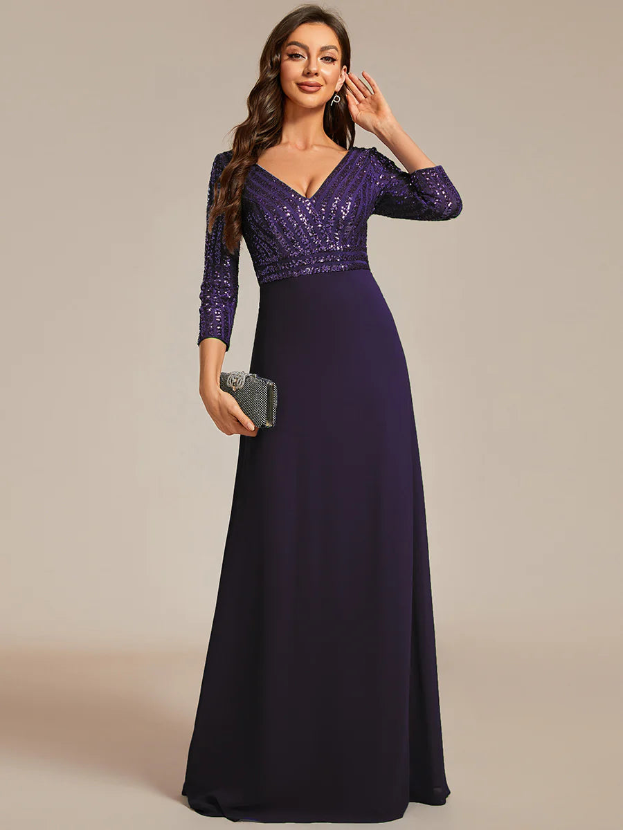 Sexy V Neck A-Line Sequin Bridesmaid Dresses With 3/4 Sleeve - CALABRO®