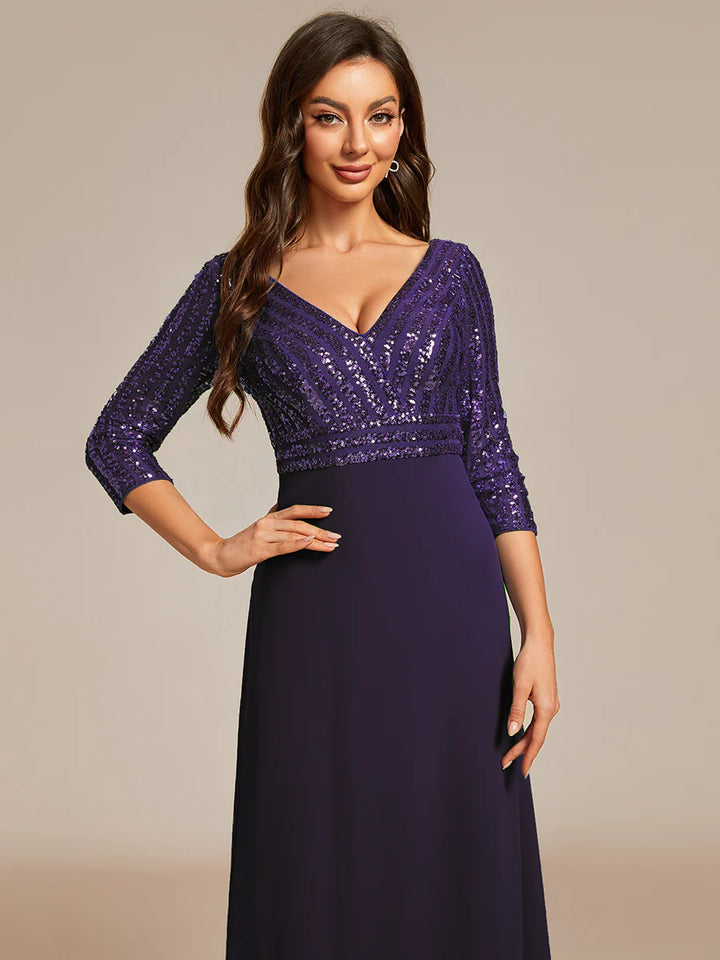 Sexy V Neck A-Line Sequin Bridesmaid Dresses With 3/4 Sleeve - CALABRO®