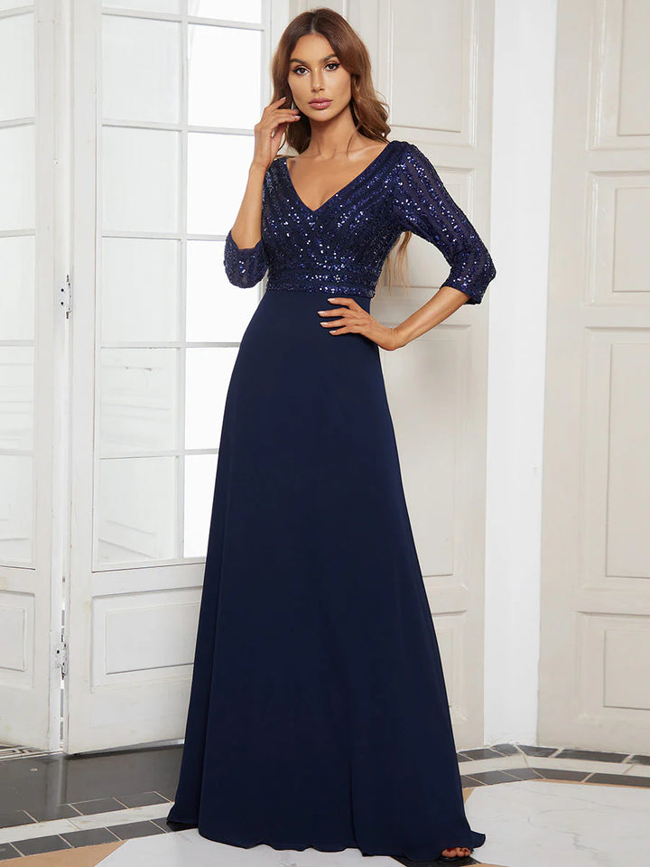 Sexy V Neck A-Line Sequin Evening Dresses With 3/4 Sleeve