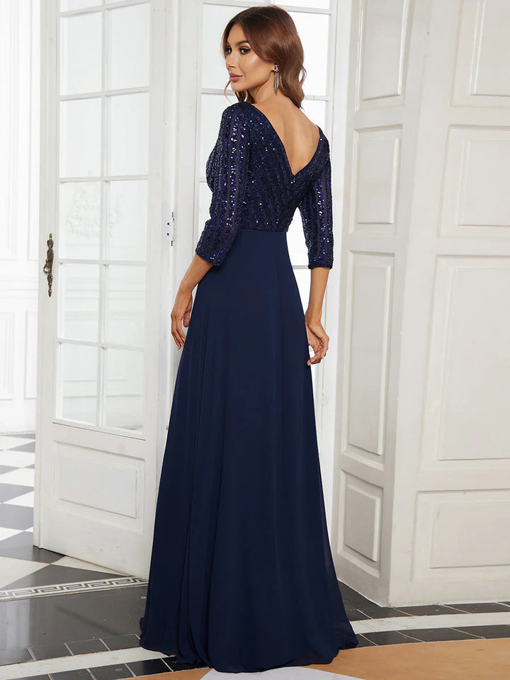 Sexy V Neck A-Line Sequin Evening Dresses With 3/4 Sleeve