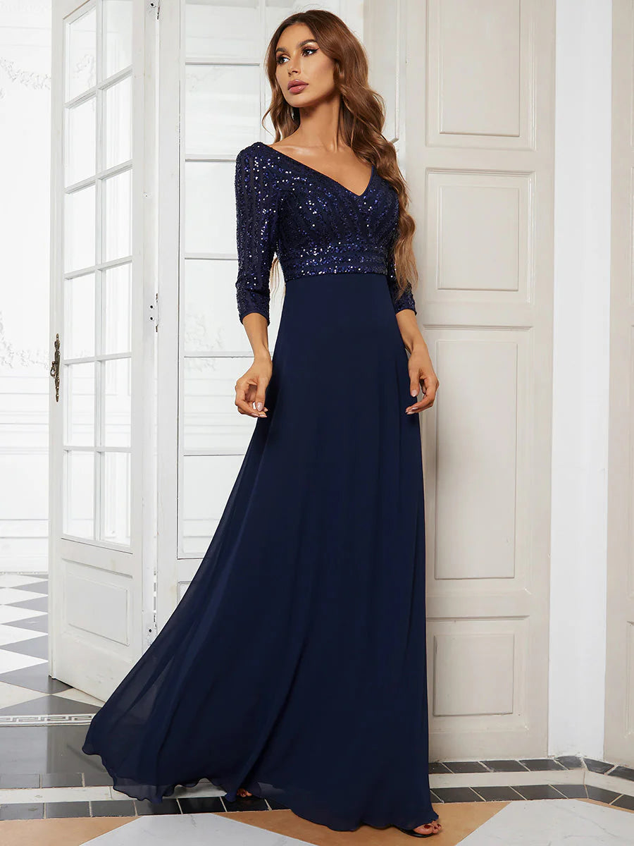 Sexy V Neck A-Line Sequin Evening Dresses With 3/4 Sleeve