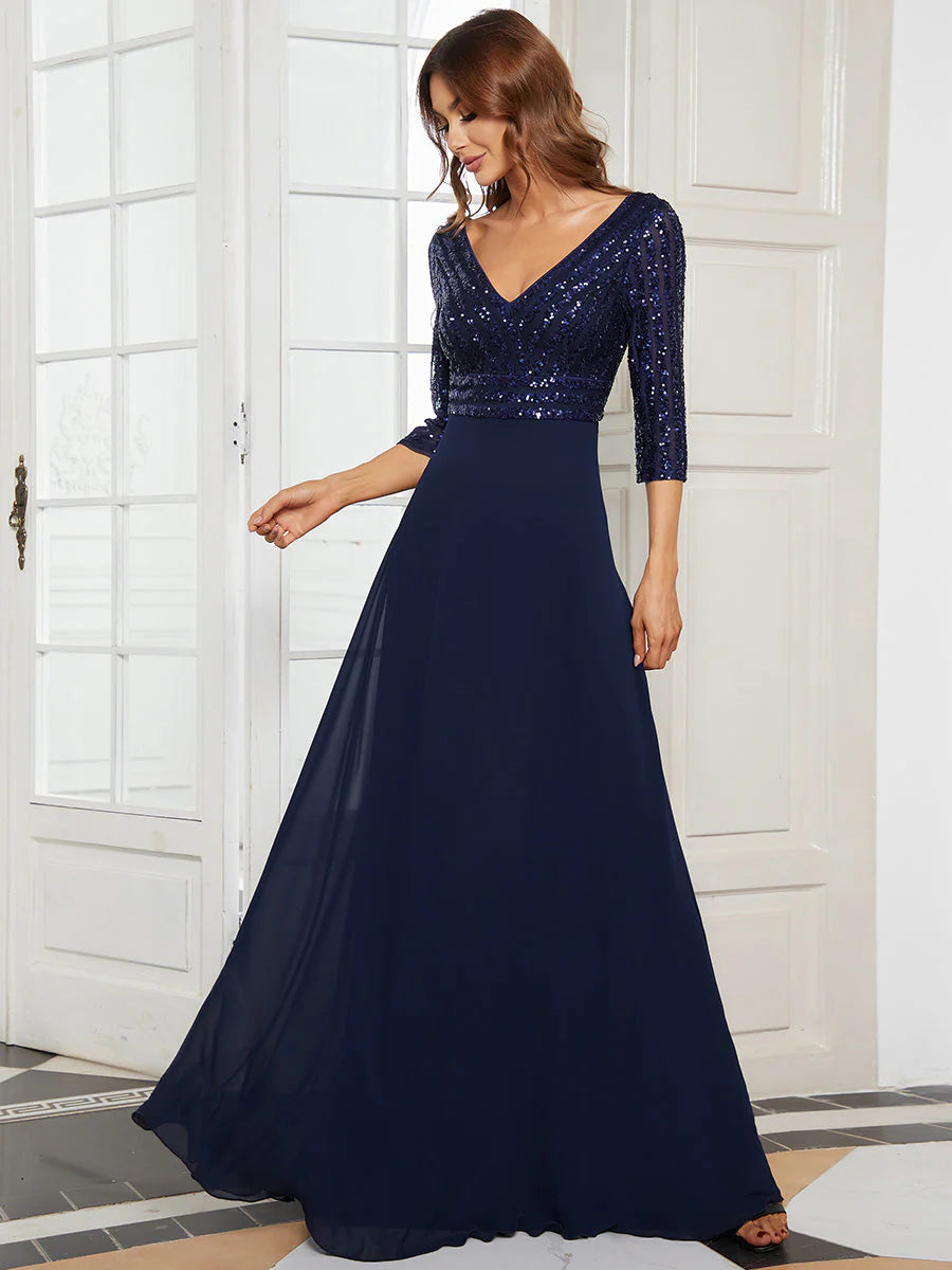 Sexy V Neck A-Line Sequin Evening Dresses With 3/4 Sleeve