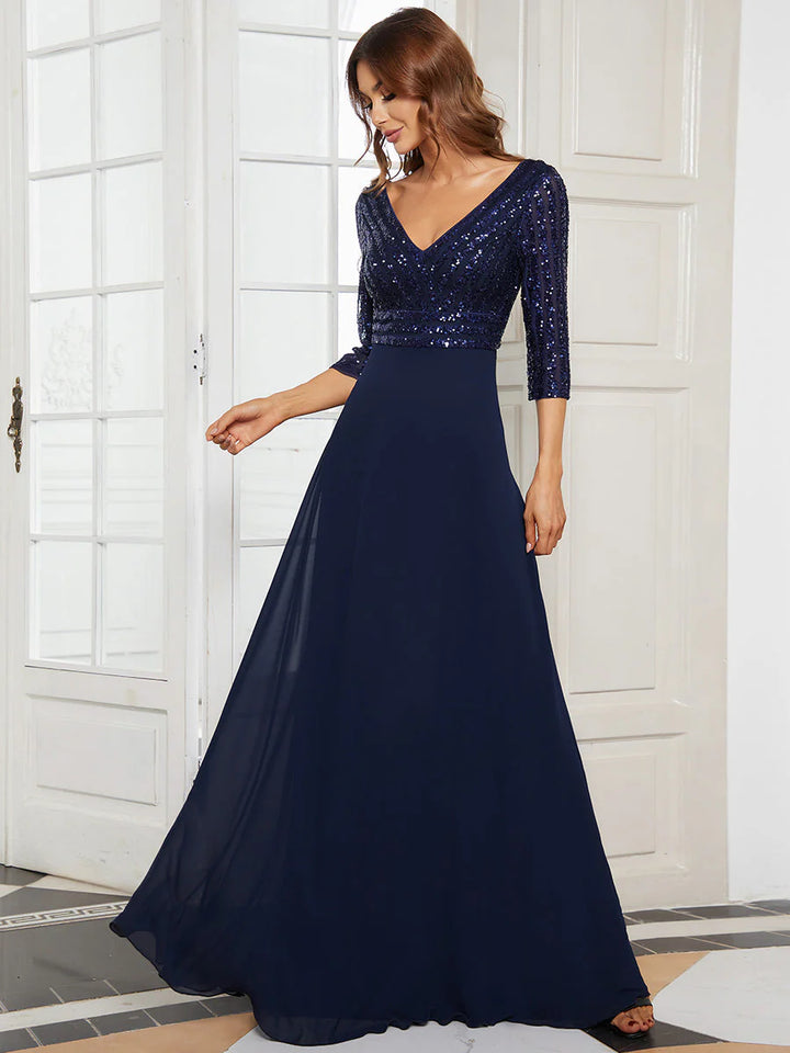 Sexy V Neck A-Line Sequin Evening Dresses With 3/4 Sleeve