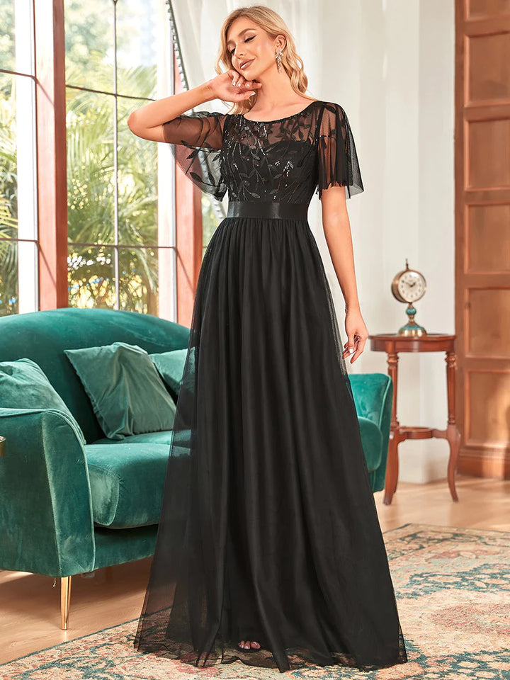 Sequin Print Maxi Long Bridesmaid Dress with Cap Sleeve - CALABRO®