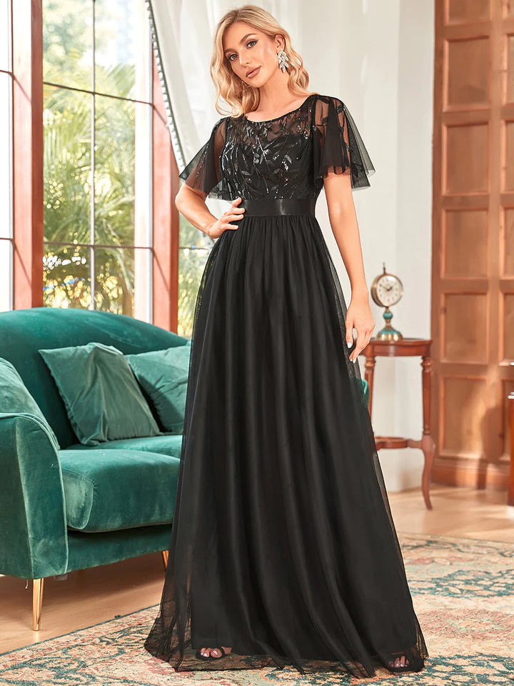 Sequin Print Maxi Long Bridesmaid Dress with Cap Sleeve - CALABRO®