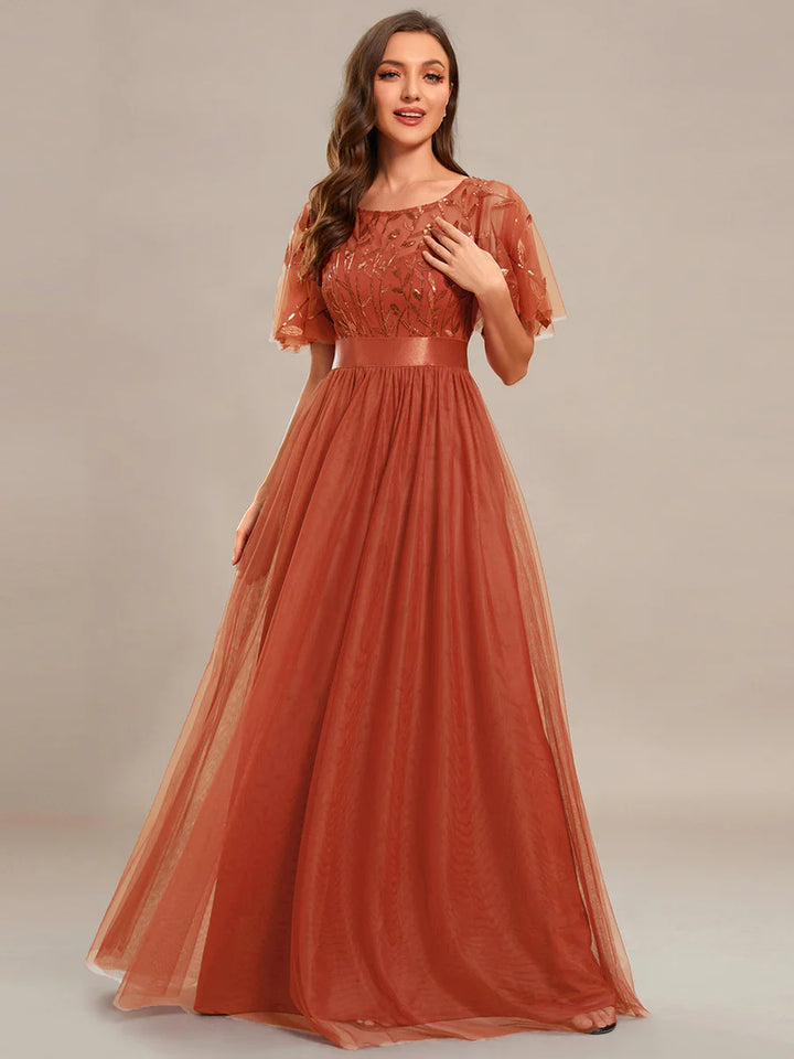 Sequin Print Maxi Long Bridesmaid Dress with Cap Sleeve - CALABRO®