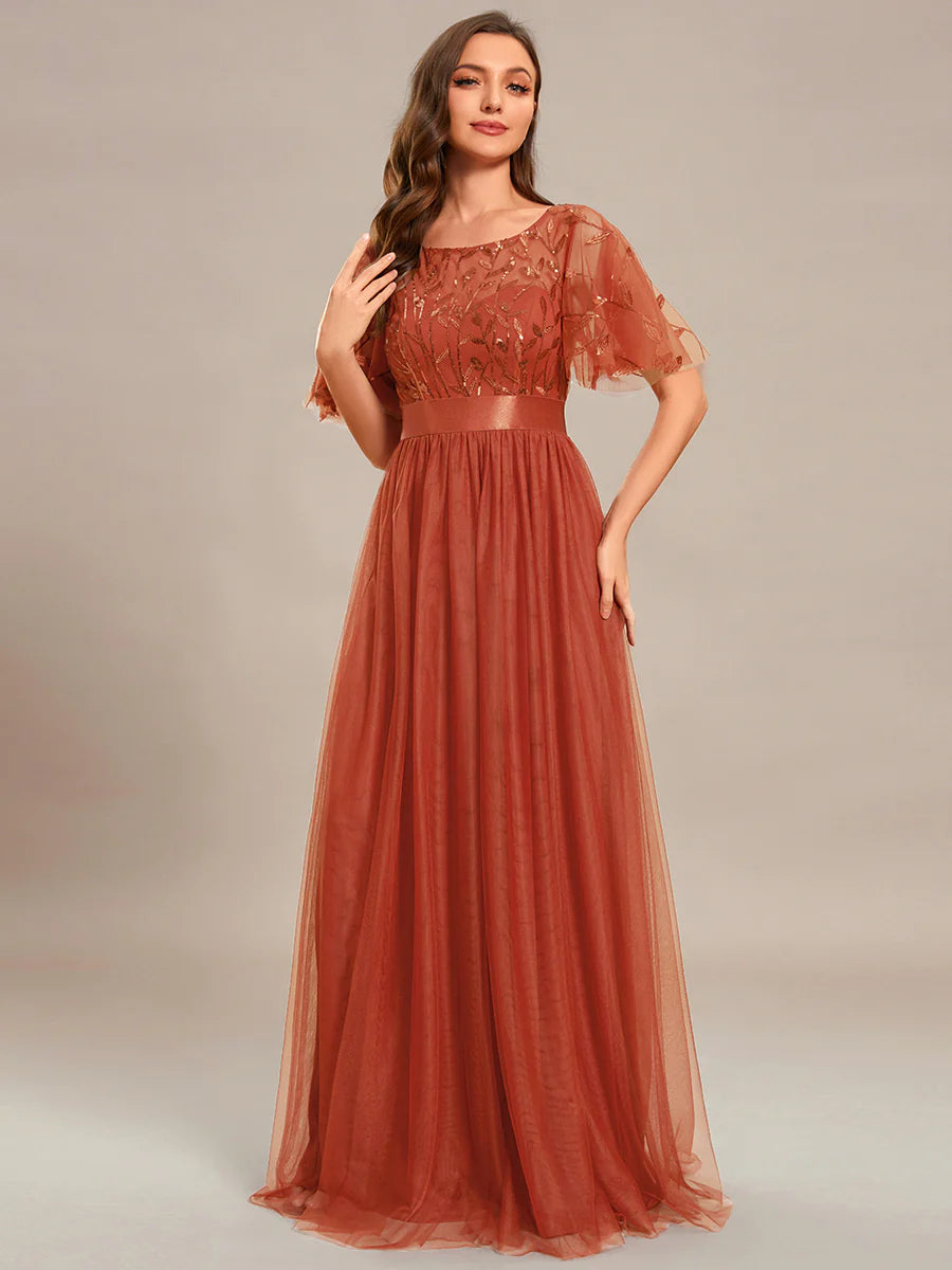 Sequin Print Maxi Long Bridesmaid Dress with Cap Sleeve - CALABRO®