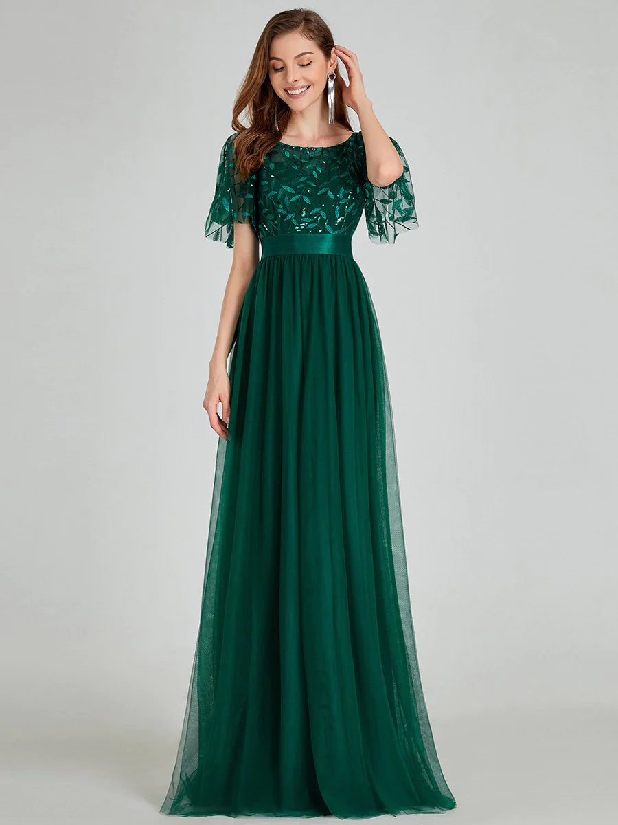 Sequin Print Maxi Long Bridesmaid Dress with Cap Sleeve - CALABRO®