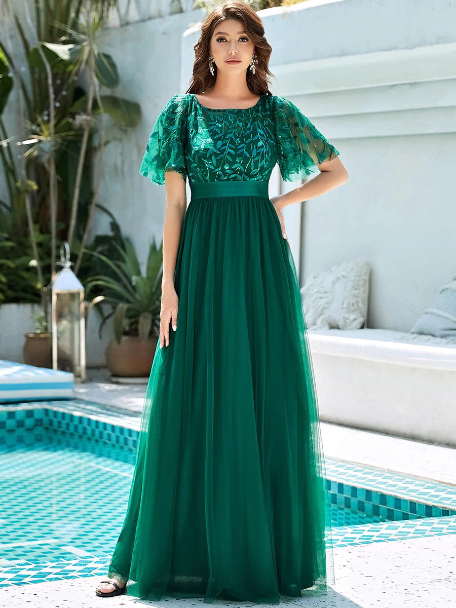 Sequin Print Maxi Long Bridesmaid Dress with Cap Sleeve - CALABRO®