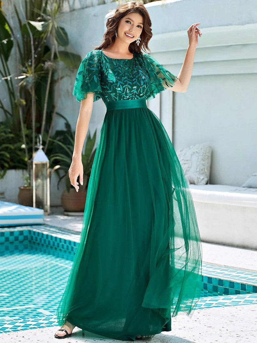 Sequin Print Maxi Long Bridesmaid Dress with Cap Sleeve - CALABRO®