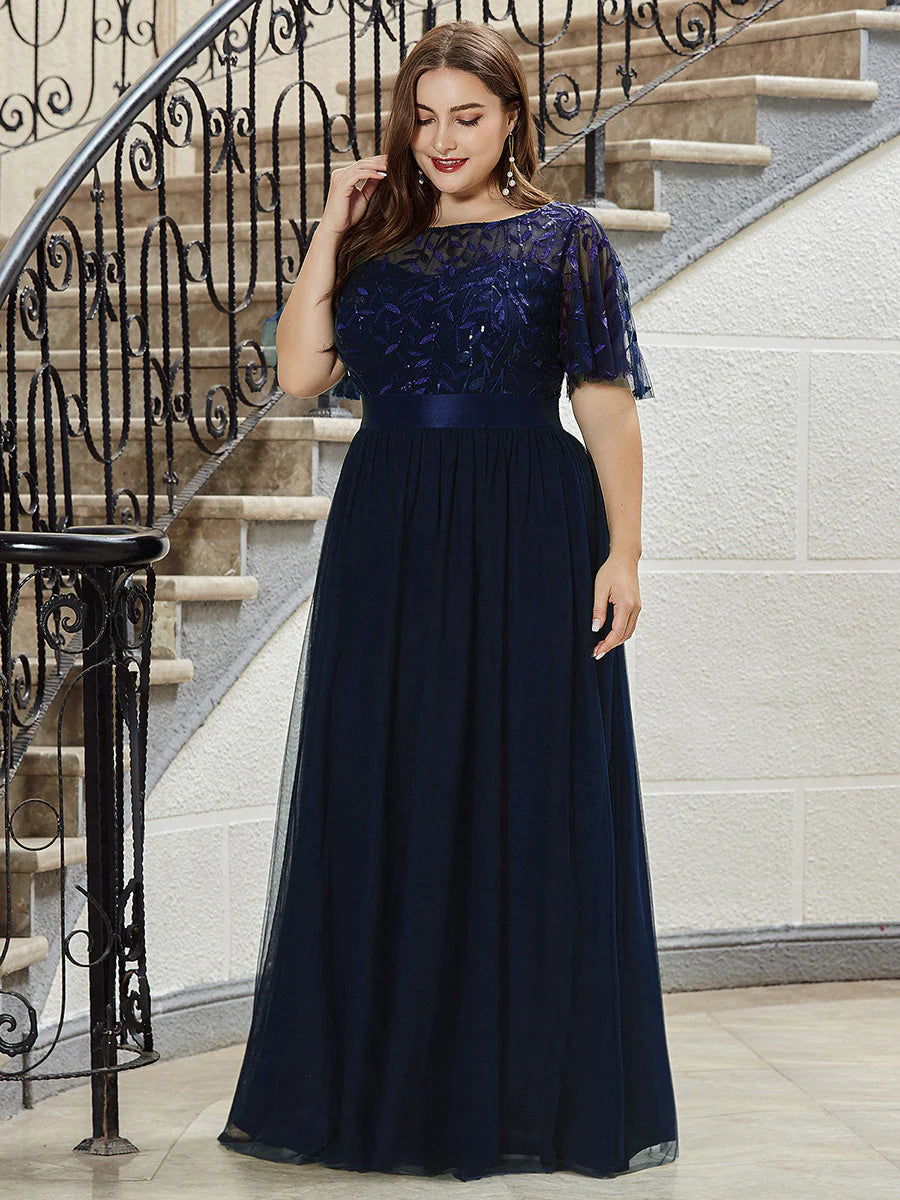 Sequin Print Floor-length Bridesmaid Dress with Cap Sleeve - CALABRO®