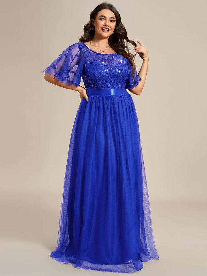 Sequin Print Plus Size Evening Dresses with Cap Sleeve - CALABRO®