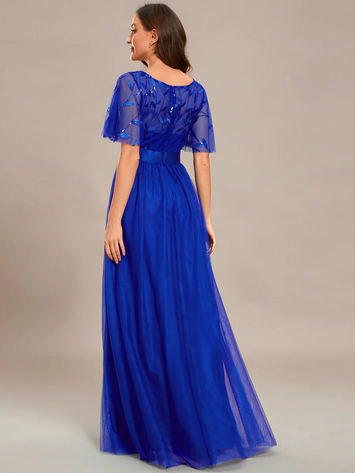 Sequin Print Maxi Long Bridesmaid Dress with Cap Sleeve - CALABRO®