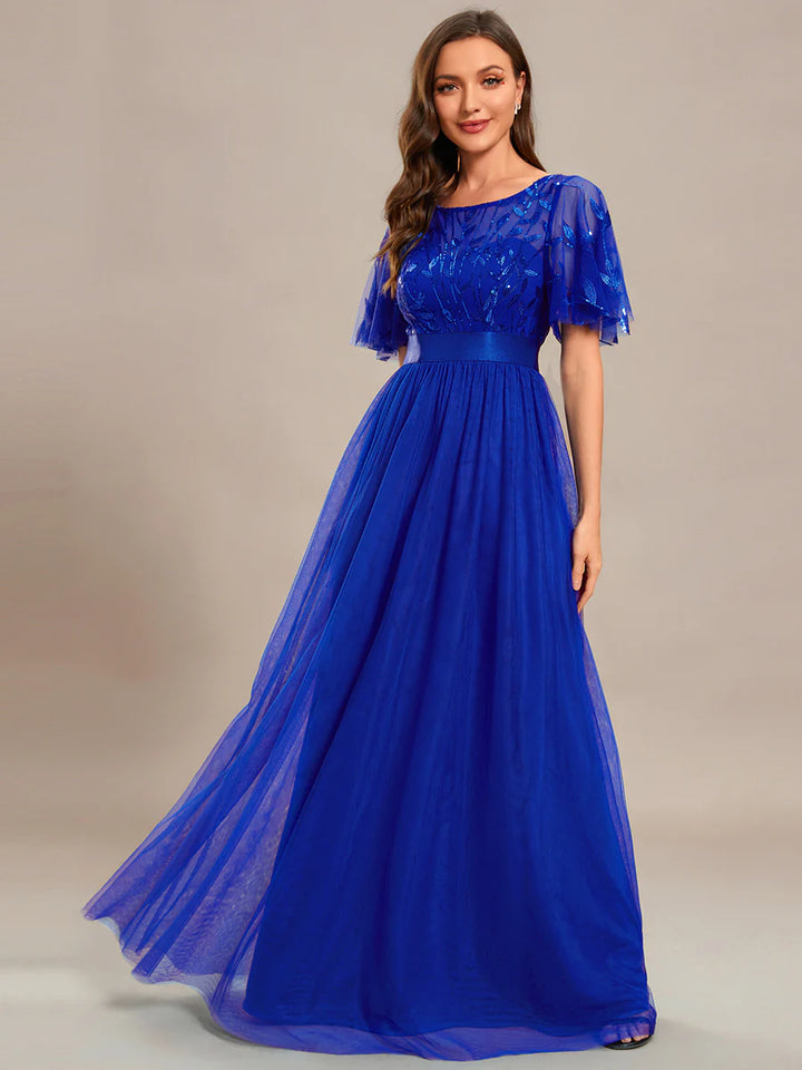 Sequin Print Maxi Long Bridesmaid Dress with Cap Sleeve - CALABRO®