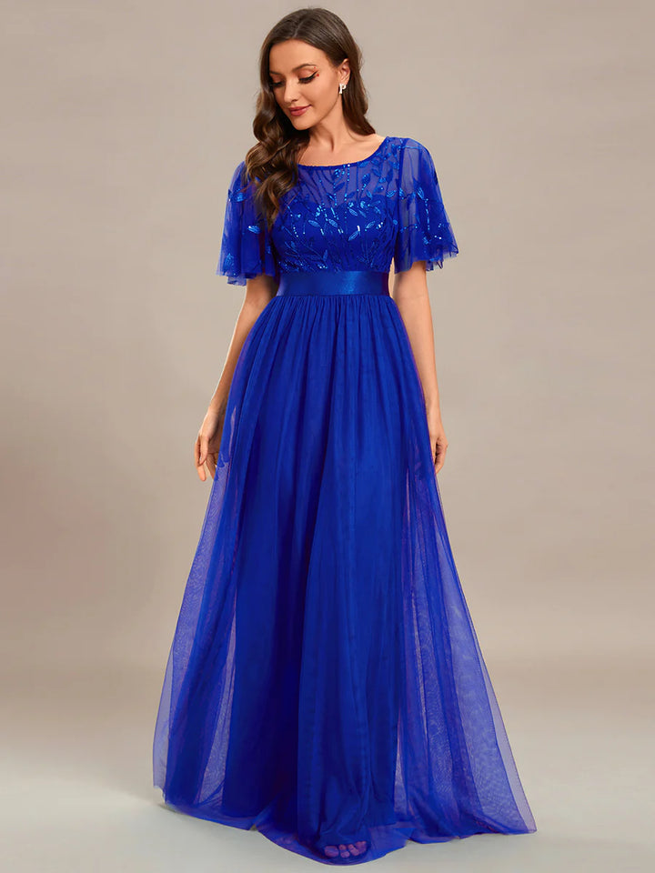 Sequin Print Maxi Long Bridesmaid Dress with Cap Sleeve - CALABRO®