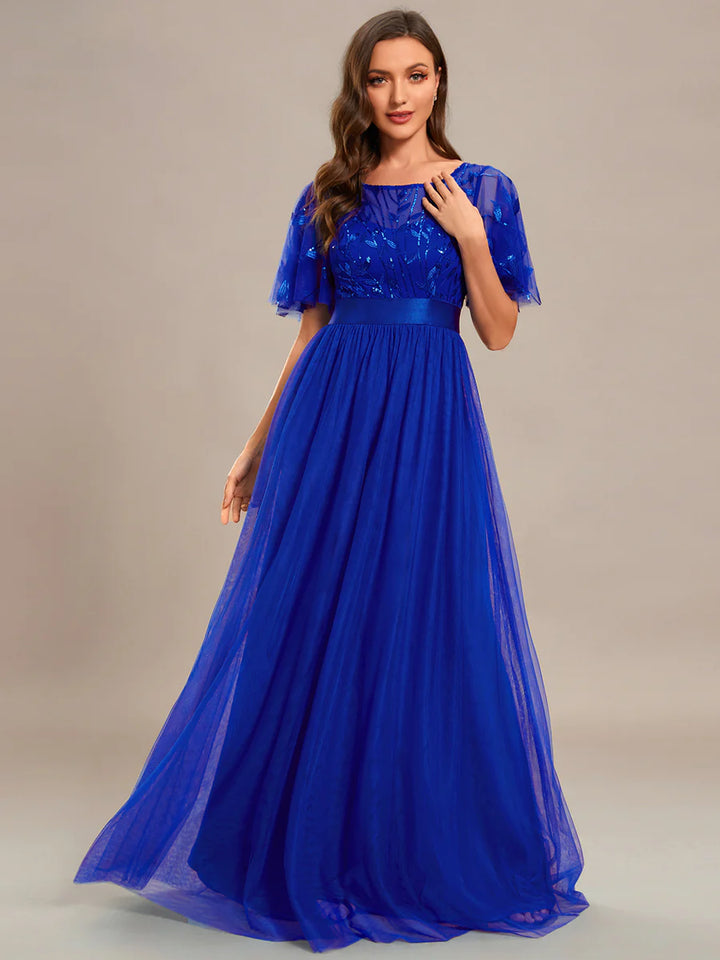 Sequin Print Maxi Long Bridesmaid Dress with Cap Sleeve - CALABRO®