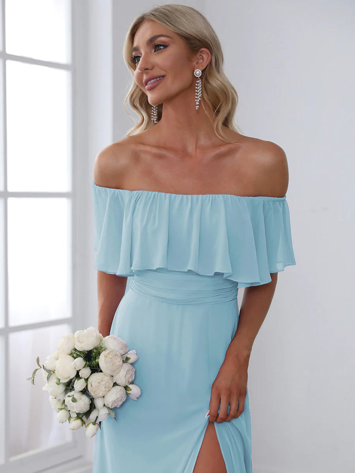 Thigh Slit Off Shoulder Straight Bridesmaid Dress - CALABRO®