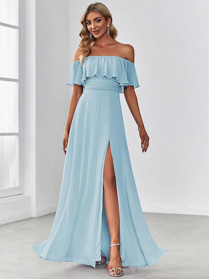 Thigh Slit Off Shoulder Straight Bridesmaid Dress - CALABRO®