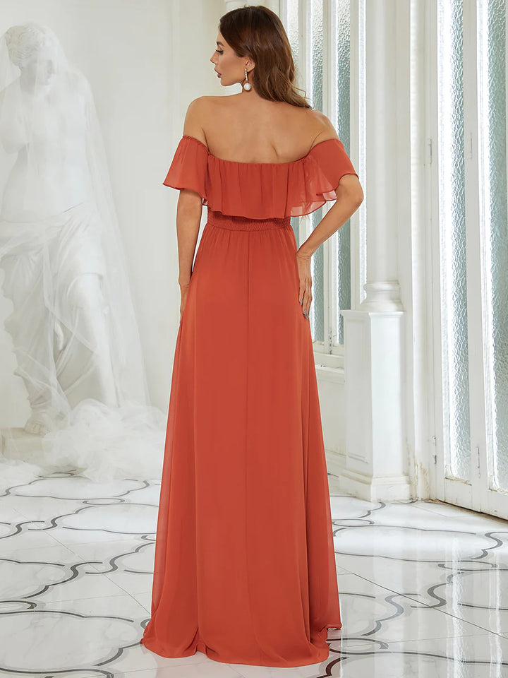 Thigh Slit Off Shoulder Straight Bridesmaid Dress - CALABRO®