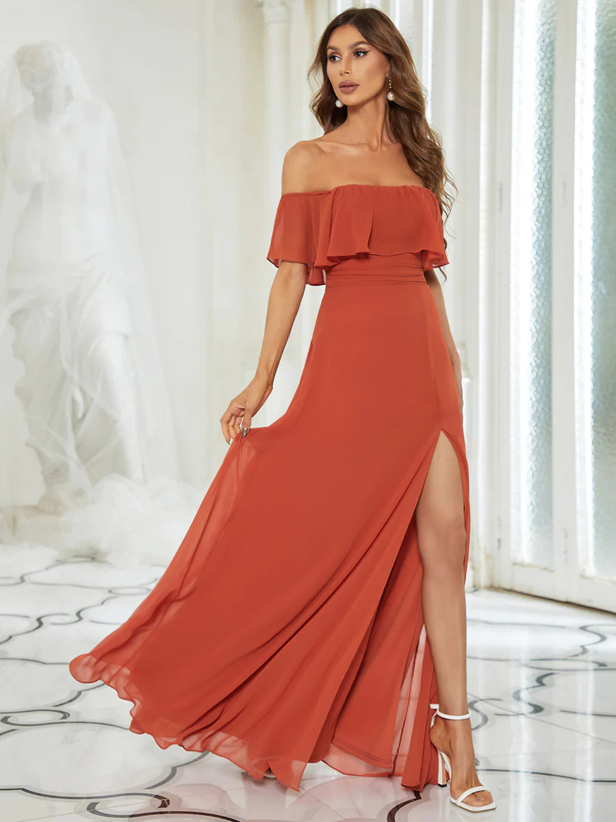 Thigh Slit Off Shoulder Straight Bridesmaid Dress - CALABRO®