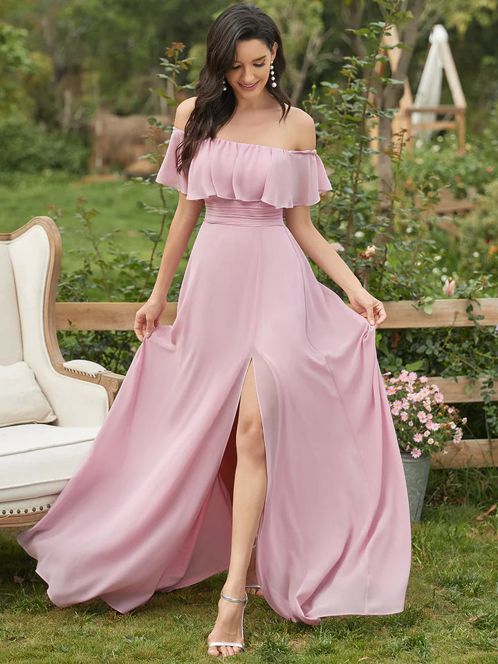 Thigh Slit Off Shoulder Straight Bridesmaid Dress - CALABRO®