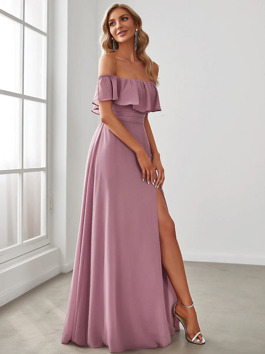 Thigh Slit Off Shoulder Straight Bridesmaid Dress - CALABRO®