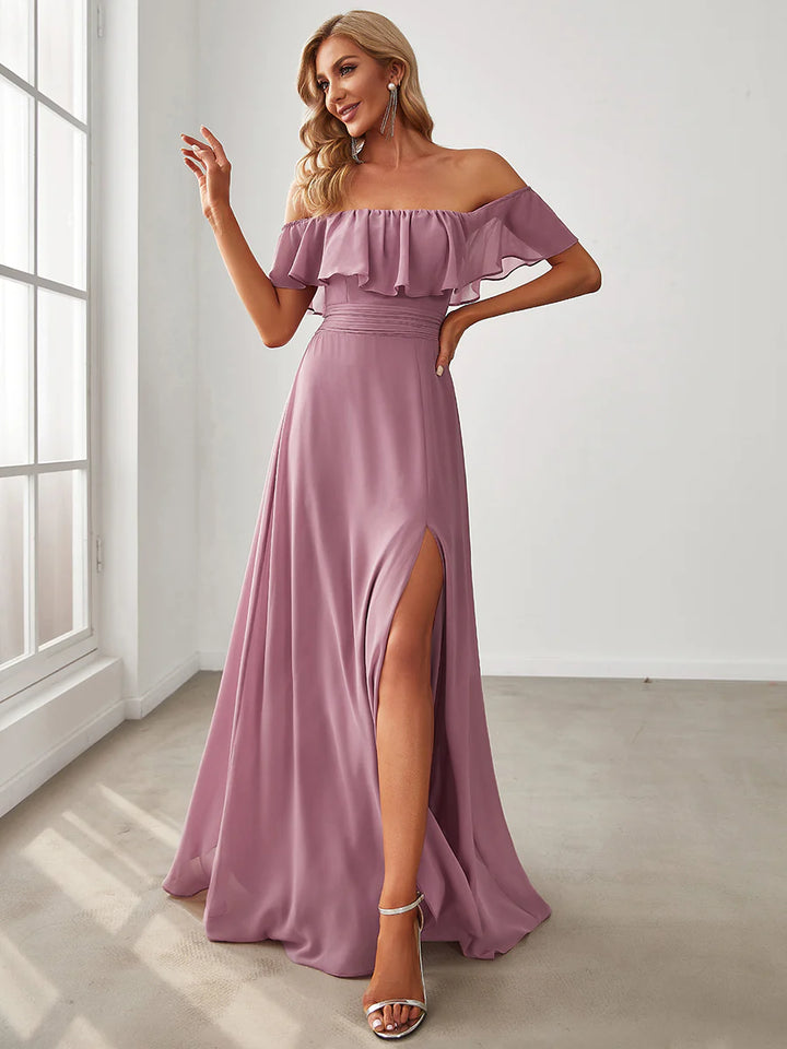 Thigh Slit Off Shoulder Straight Bridesmaid Dress - CALABRO®