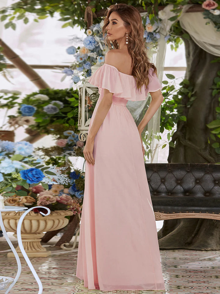 Thigh Slit Off Shoulder Straight Bridesmaid Dress - CALABRO®