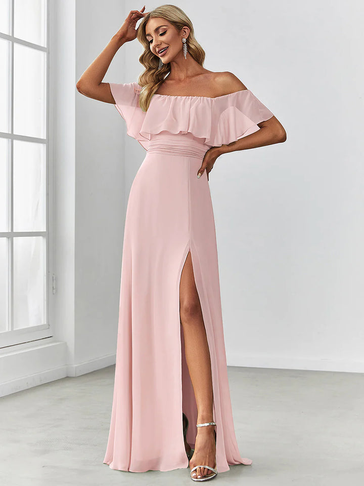 Thigh Slit Off Shoulder Straight Bridesmaid Dress - CALABRO®