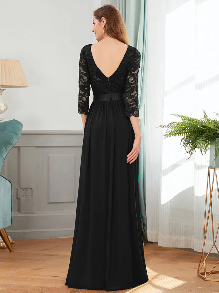 Elegant Empire Waist Evening Dress with Long Lace Sleeve - CALABRO®