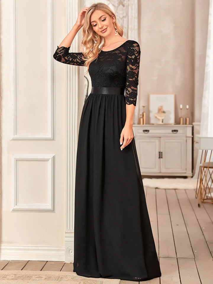 Elegant Empire Waist Evening Dress with Long Lace Sleeve - CALABRO®