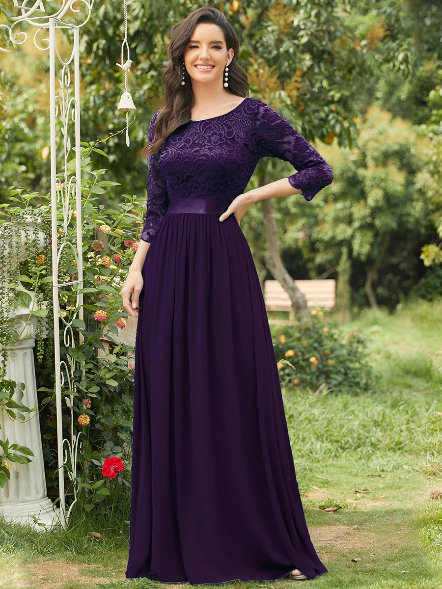 Lace Top High Neck Three Quarter Sleeve Bridesmaid Dress - CALABRO®