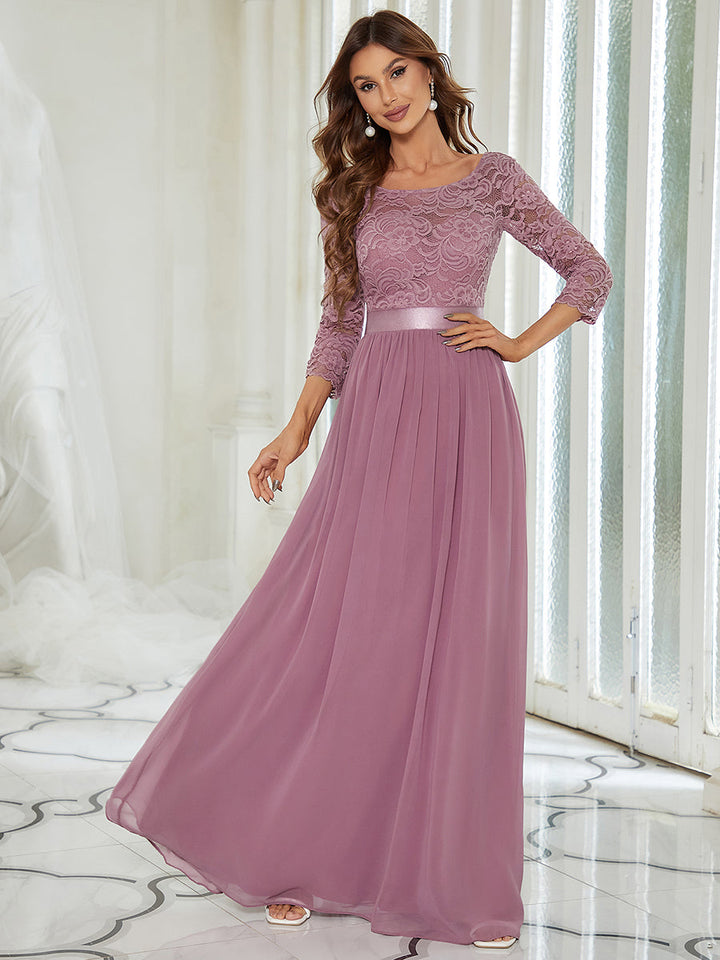 Elegant Empire Waist Evening Dress with Long Lace Sleeve - CALABRO®