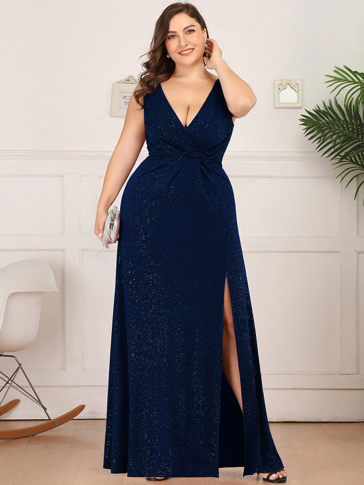 Sparkly Deep V-Neck Fitted Evening Dress