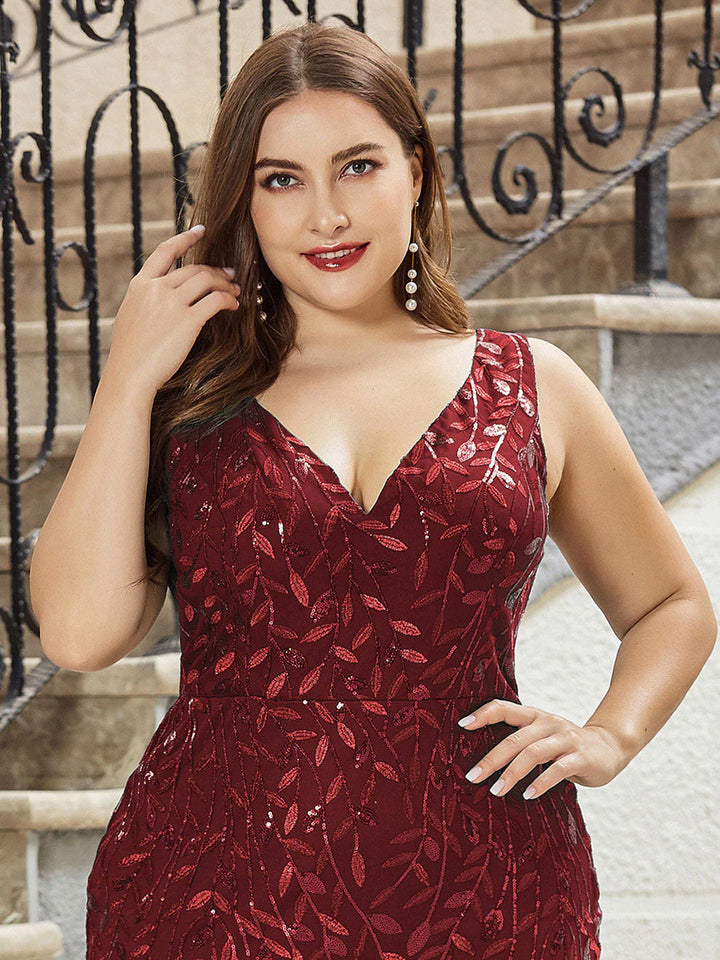 Sparkly Long Sleeve V-Neck Plus Size Evening Dress - CALABRO®