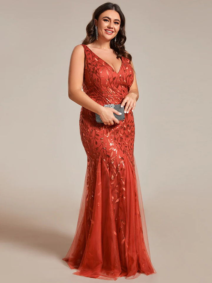 Sparkly Long Sleeve V-Neck Plus Size Evening Dress - CALABRO®