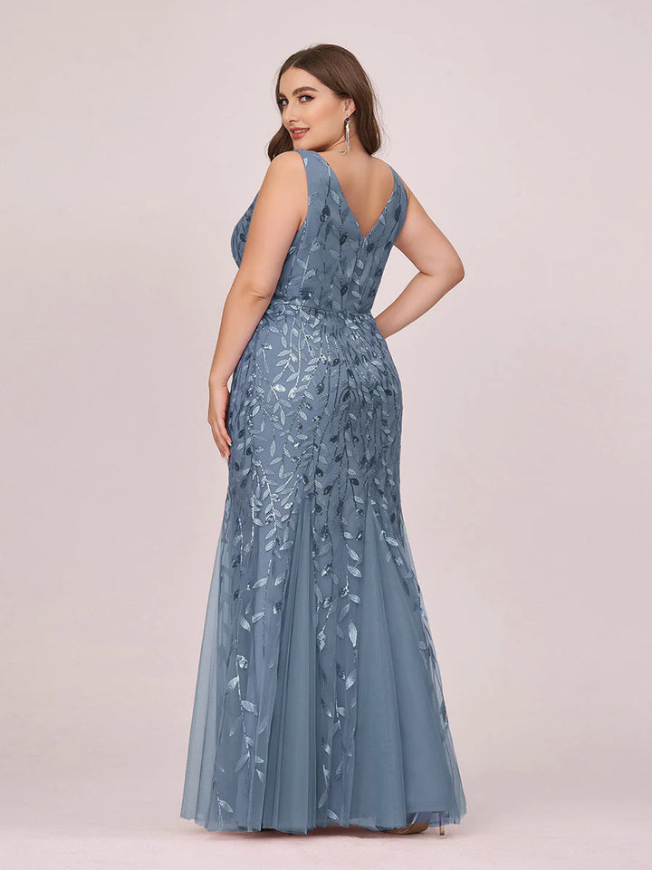 Sparkly Long Sleeve V-Neck Plus Size Evening Dress - CALABRO®