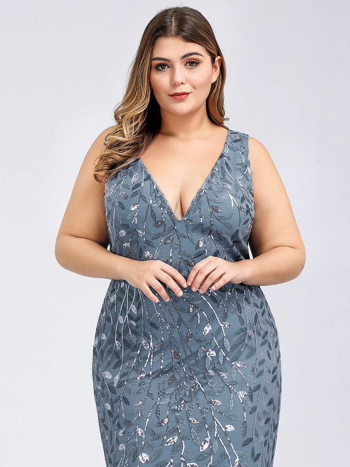 Sparkly Long Sleeve V-Neck Plus Size Evening Dress - CALABRO®