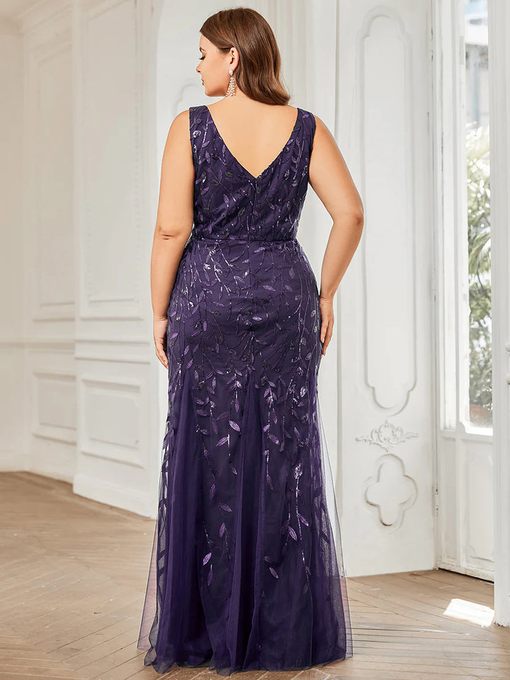 Sparkly Long Sleeve V-Neck Plus Size Evening Dress