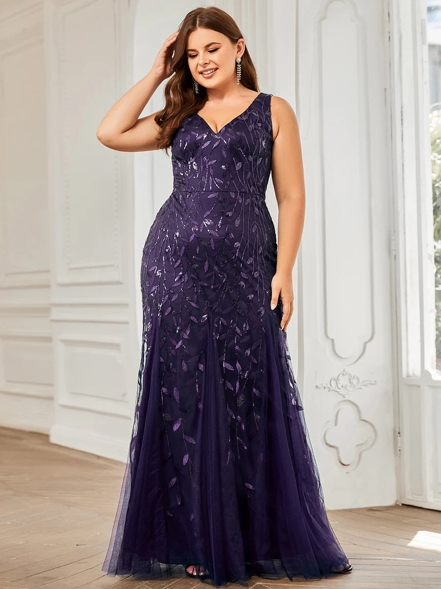 Sparkly Long Sleeve V-Neck Plus Size Evening Dress