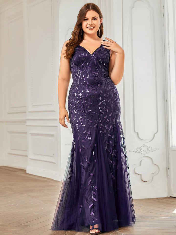 Sparkly Long Sleeve V-Neck Plus Size Evening Dress